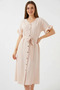 Women's V-Neck Belted Short Sleeve Ruffle Buttoned Cream Dress - 4