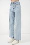 Women's Crew Neck High Waist Denim Blue Trousers with Stitching Detail - 8