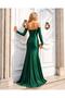 Emerald Stone Detailed Slit Satin Evening Dress 583404 - 8