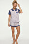 Lila Collar Detailed Printed Buttoned Cotton Knitted Shorts Pajama Set 8009 - 2