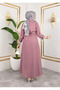 Stripe Patterned Belted Hijab Long Dress - 6