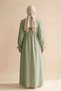 Olive Green Women's 100% Cotton Muslin Fabric Waist-Tied Drawstring Buttoned High Collar Long Hijab Dress Anti-Sweat Summer Dress - 4