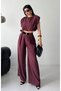Women's Summer Belted Trousers and Crop Blouse Set Burgundy - 3