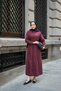 Women's Belt Detail, Elastic Waist, Buttoned Shirt Collar Dress, Burgundy - 3