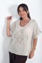 Women's Italian Linen V-Neck Sequin Floral Embroidered Shoulders Mesh Oversize Blouse - 3