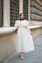 Women's Tulle Fabric Dress with Ribbon Detail on the Front and Elastic Waist, Ecru - 4