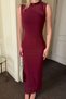 Burgundy Crew Neck Lined One Shoulder Low Cut Women's Tulle Midi Dress - 4