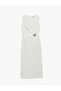 Crew Neck Draped Sleeveless Long Crepe Dress with Metal Accessories - 4
