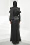 Black Gathered Front Janjan Evening Dress with Shoulder Detail - 4