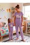 Cotton Purple Color Cat Patterned Short Sleeve Crew Neck Summer Pajama Set Suitable for Girls and Mother
