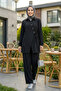 Women's Buttoned Belted Strawberry Fabric Tunic Trousers Black Double Set - 4