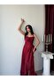 Dark Red Thin Straps Flounce Slit Satin Evening Dress - 4