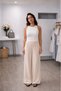Elastic Waist Wide Leg Linen Trousers - Beige - 3