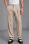 Men's Beige High Waist Pleated Wide Leg Baggy Fabric Trousers Rf0379