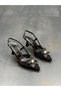 Black Mesh Floral Buckle Women's Heeled Shoes - 3