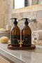 Amber Bottle Soap Dispenser Glass Double Shampoo-Shower Gel Bathroom Organizer with Classic Gold Deer Wood Stand 500ml