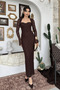 Lace Detailed Long Evening Dress Square Neck Long Sleeve Bodycon Dress for Events and Special Occasions - 2