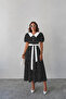 Women's Black Polka Dot Patterned Stylish Collar Detailed Belted Balloon Sleeve Summer Midi Dress - 3