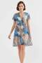 Women's Short Sleeve Belted Patterned Chiffon Blue Dress - 3