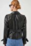 Women's Classic Collar Belted Double Button Black Jacket - 8