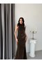 Brown Draped Halter Neck Evening Dress with Stones - 5