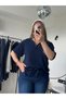 Navy Blue V-Neck Stoned Big Size Blouse