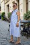 Front Buttoned Shirt Collar Jopone Sleeves (Sleeveless) Striped Patterned Bell Cut Plus Size Denim Fabric Dress - 7