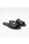 Black Leather Women's Daily Comfortable Slippers with Lock Accessory Detail - 3