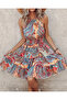 Women's Gimped Waist Halter Patterned Single Jersey Mini Dress - 2