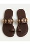 Women's Brown Gold Studded Flat Flip Flops - 2