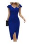 Women's Short Sleeve Heart Collar Side Gather Detail Midi Imported Crepe Dress - 5