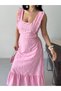 Women's Square Neck Open Back Bow Detailed Flounce Skirted Scallop Maxi Dress - 6