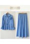Women's Two-Piece Suit with Hijab Skirt, Brooch Detail, Gathered Waist, Stylish Daily Office and Event Combination, Blue - 4