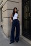 Women's Navy Blue High Waist Wide Leg Palazzo Trousers with Ribbed Front Stitching - 2