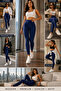 Leggings Women's Diver Lycra, Navy Blue 3 Different Patterned High Waist Push-Up Pocketed Gathering Sports Leggings - 3