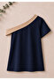 Women's One-Shoulder Asymmetrical Collar Detailed Double Color Crepe Blouse - 3