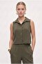 Women's Alfie Zero Sleeve Shirt Elastic Waist Pants Woven Khaki Bottom Top Set - 4