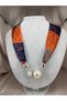 Women's Orange Navy Blue Patterned Scarf Necklace with Large Pearl Detail Stylish Fabric Neck Necklace