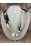 Women's Gray Navy Blue Patterned Scarf Necklace with Large Pearl Detail, Stylish Fabric Neck Necklace