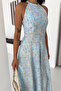 Women's Halter Neck Patterned Long Dress Blue Maxi Summer Dress - 6