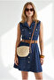 Women's Navy Blue Belted Pocketed Mini Cotton Dress Elb-19002668 - 4