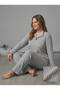 Women's Ribbed Gray Long Sleeve V-Neck Pajama Set - 3