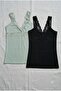 Modal Fabric Lace Strap V-Neck Green and Black Color 2-Piece Women's Undershirt - 3