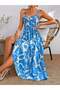 Women's Rope Strap V-Neck Long Patterned Single Jersey Dress with Belt at the Waist