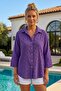 Purple Shirt Collar 3/4 Sleeve Buttoned Embroidered Casual Cotton Woven Shirt 70 64 - 4