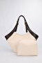 Women's Cream-Brown Medium Size Makeup Bag with Belt Strap Detail, Hand and Shoulder Bag Lara