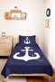 Navy Blue Anchor Youth Room Single Pique Set - Nautical 160X220 cm Quilted Bedspread - 5