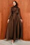 Brown Waist Belted Patterned Satin Evening Dress