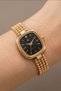 Seino Women's Gold Color Metal Band Black Dial Stone Detailed Vintage Square Case Quartz Wristwatch - 4