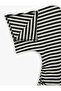Cotton Shirred Boat Neck One Shoulder Mini Striped Dress - 3